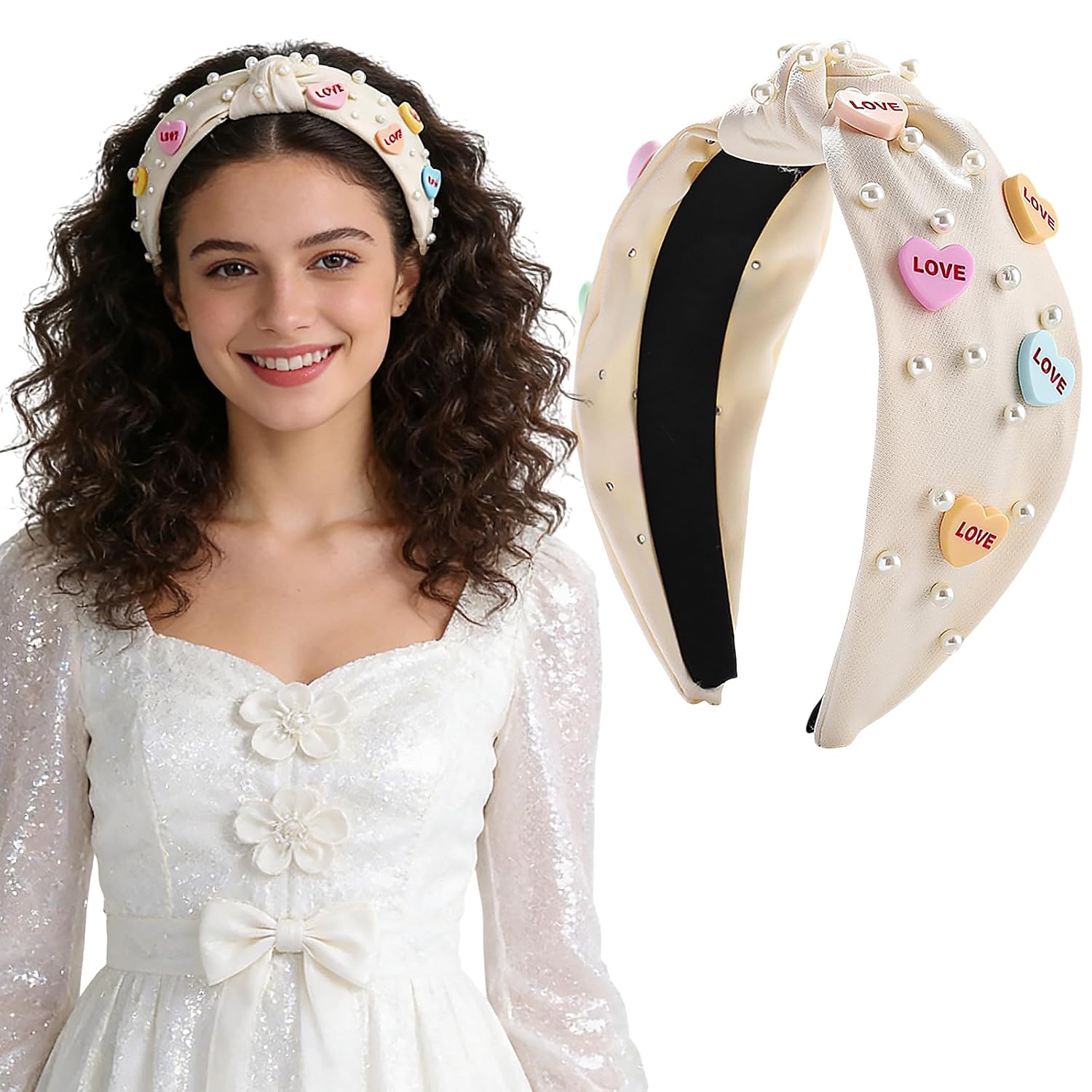 Valentines Day Headbands for Women Romantic Candy Love Heart Headbands Sparkly Pearl Knotted Hairband White Valentine Day Hair Accessories for valentine's Hair Accessory Gifts 1Pcs