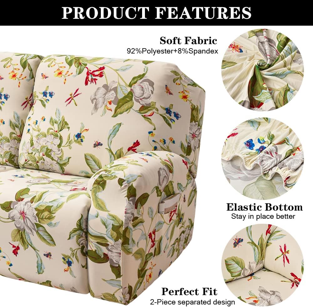 Stretch Loveseat Recliner Covers, 6-Piece Soft Spandex Recliner Slipcovers Printed Recliner Sofa Covers Furniture Protector with Pocket (Flower 01, Loveseat)