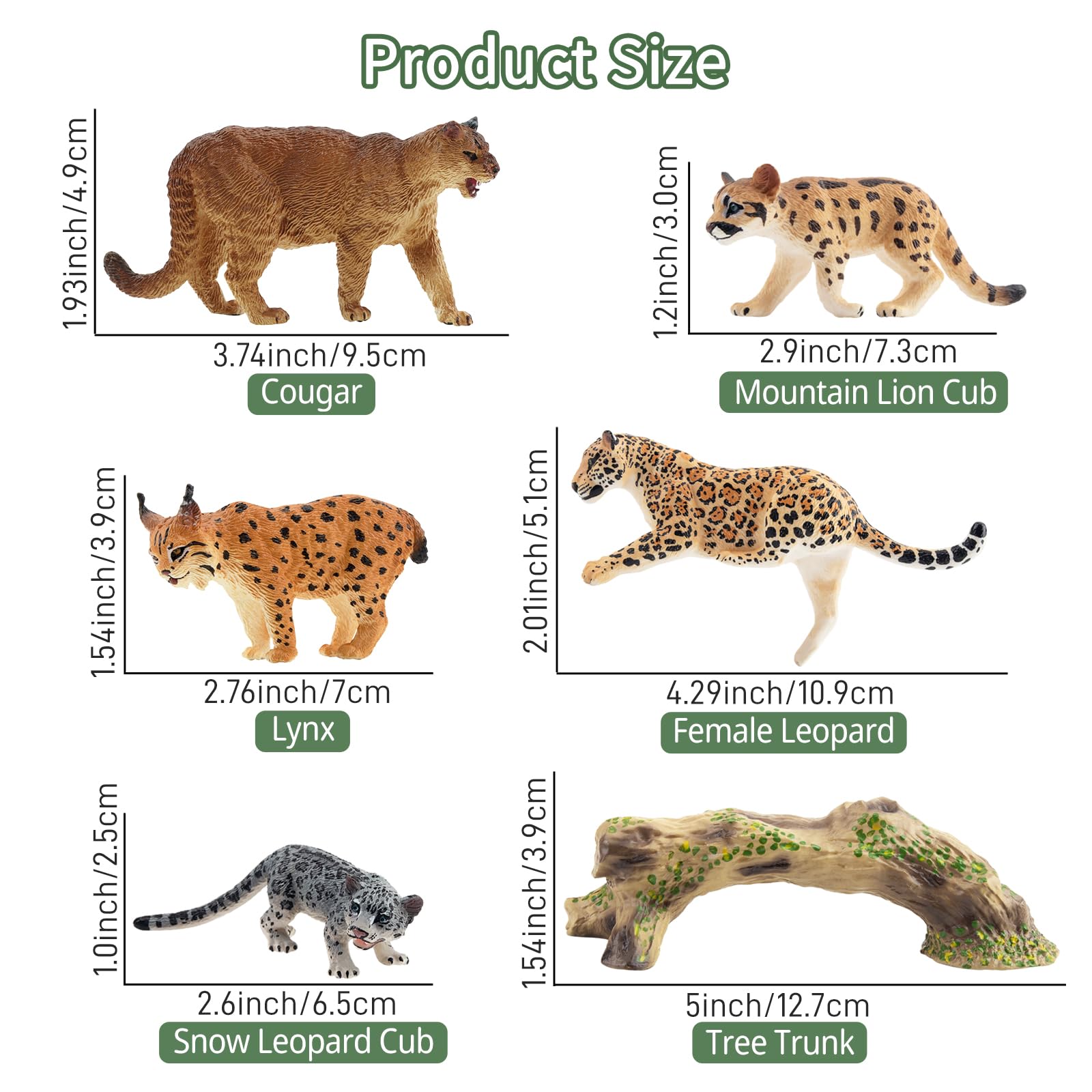 TOYMANY Zestaw 12 figurek zwierząt dżungli i pień drzewa, realistyczne figurki lwów, tygrysów i figurek jaguara, figurki zwierząt z dżungli zoo dla dzieci