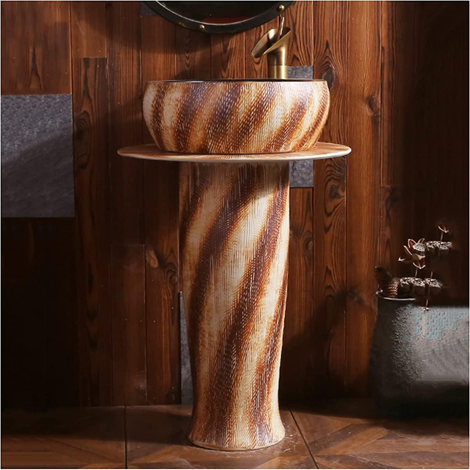 Full Pedestal Art Bathroom Basin Sink Pedestal Sink Handmade Ceramic Basin Pedestal Basin Kaolin Clay Pedestal Sink Round Freestanding Sink (G with Mirror)