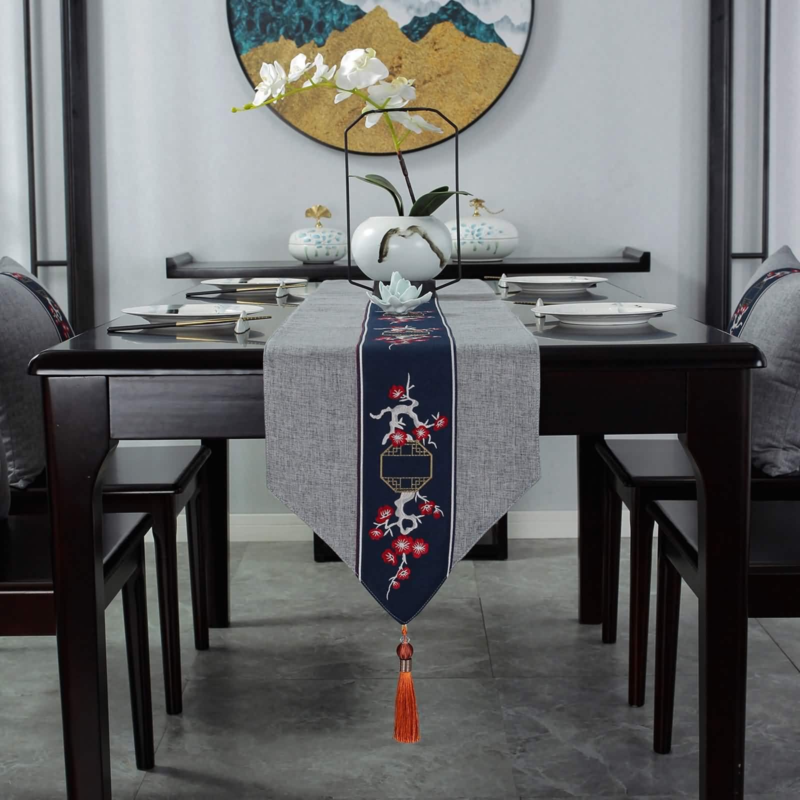 Table Runner 220 cm, Table Runner Herbst Tischläufer Grau 33CM Stickerei Blume Baumwolle Tischdeko Wohnzimmer Küche Geburtstage Hochzeiten
