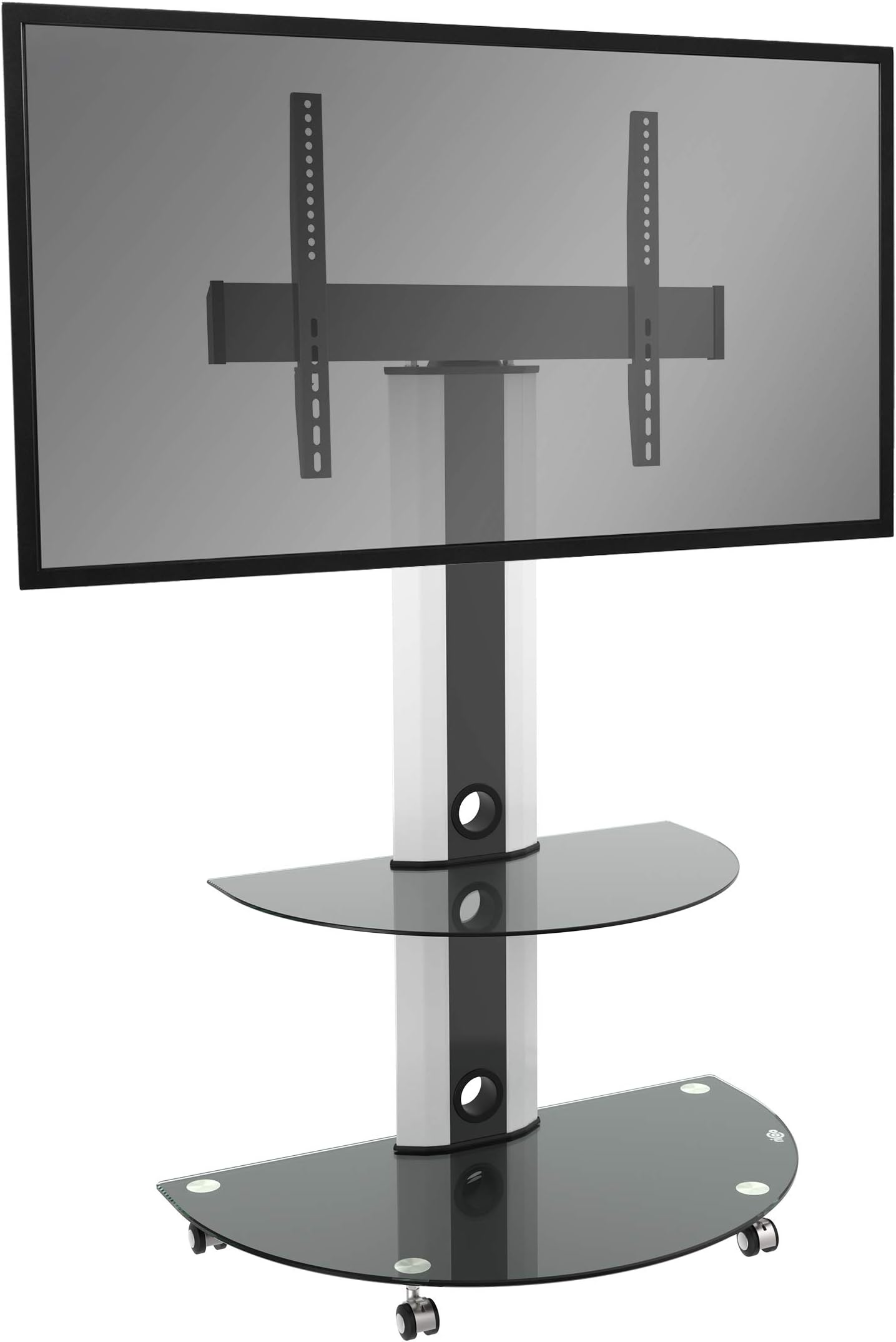 RICOO TV Stand on Wheels Swivel 30-65 Inch Display FS0502 Universal VESA 300x200-600x400 White Black Glass also for Curved LCD LED Television