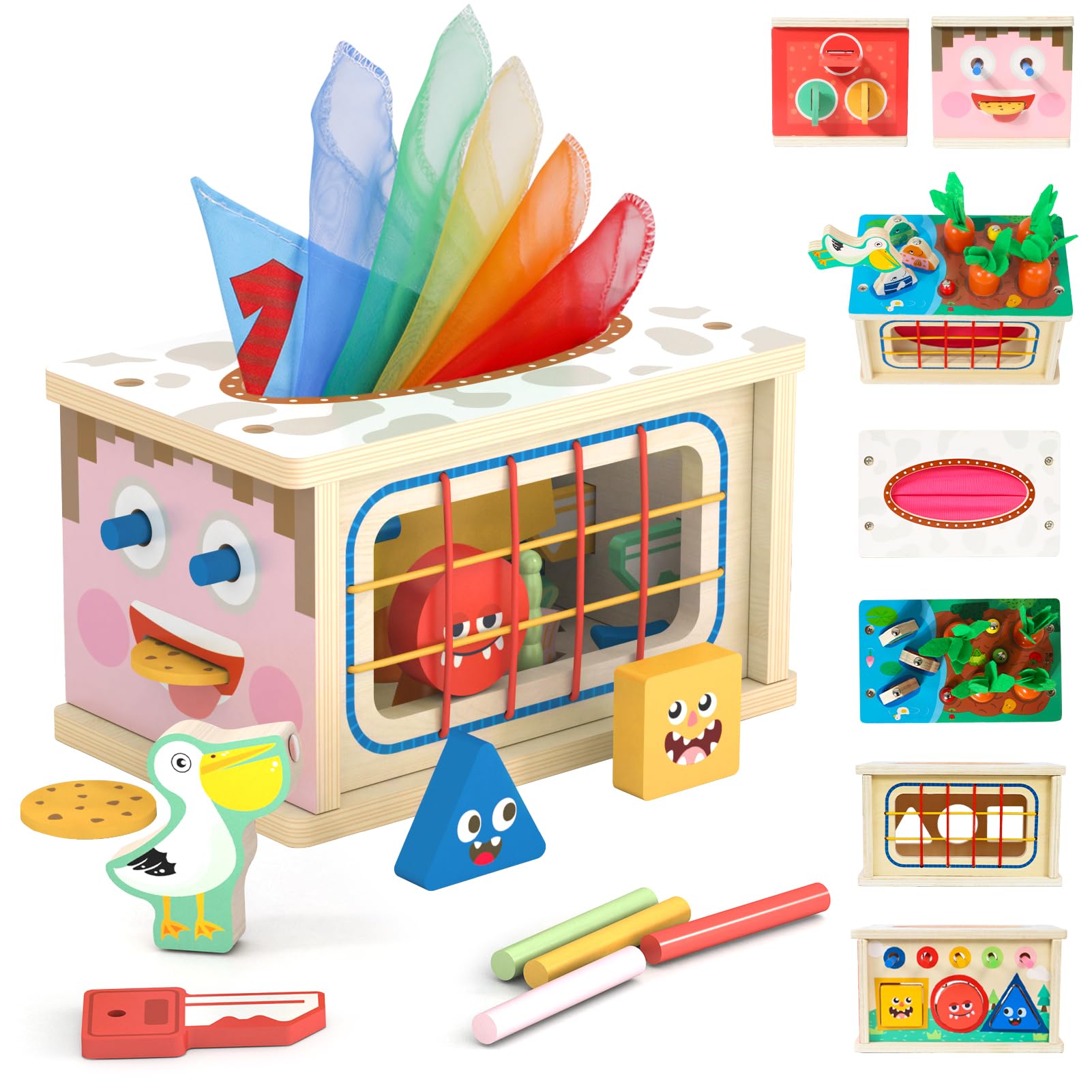 9-IN-1 Tücherbox Baby 6-12 Monate, Holz Montessori Spielzeug 1 2 3, Kinder Steckspiel Motorikspielzeug ab 1 Jahr, Sensorik Babyspielzeug, Geschenk für Ostern Geburtstag Weihnachten Junge Mädchen