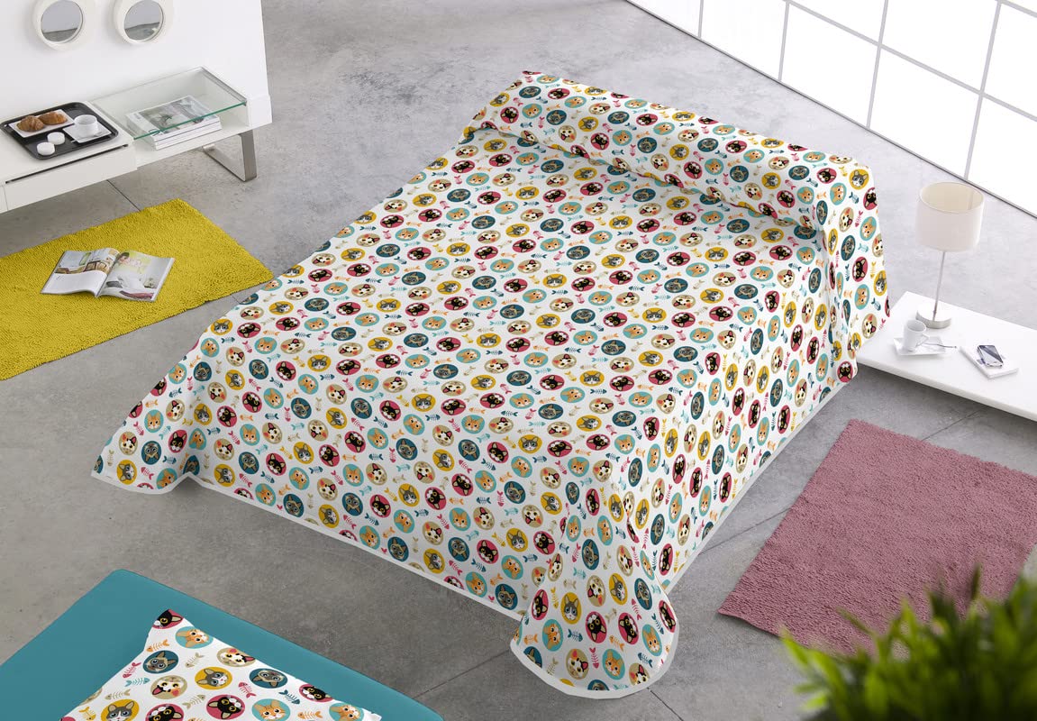 SABANALIA - Colcha Estampada Gatos (Disponible en Varios tamaños), Cama 135-230 x 280