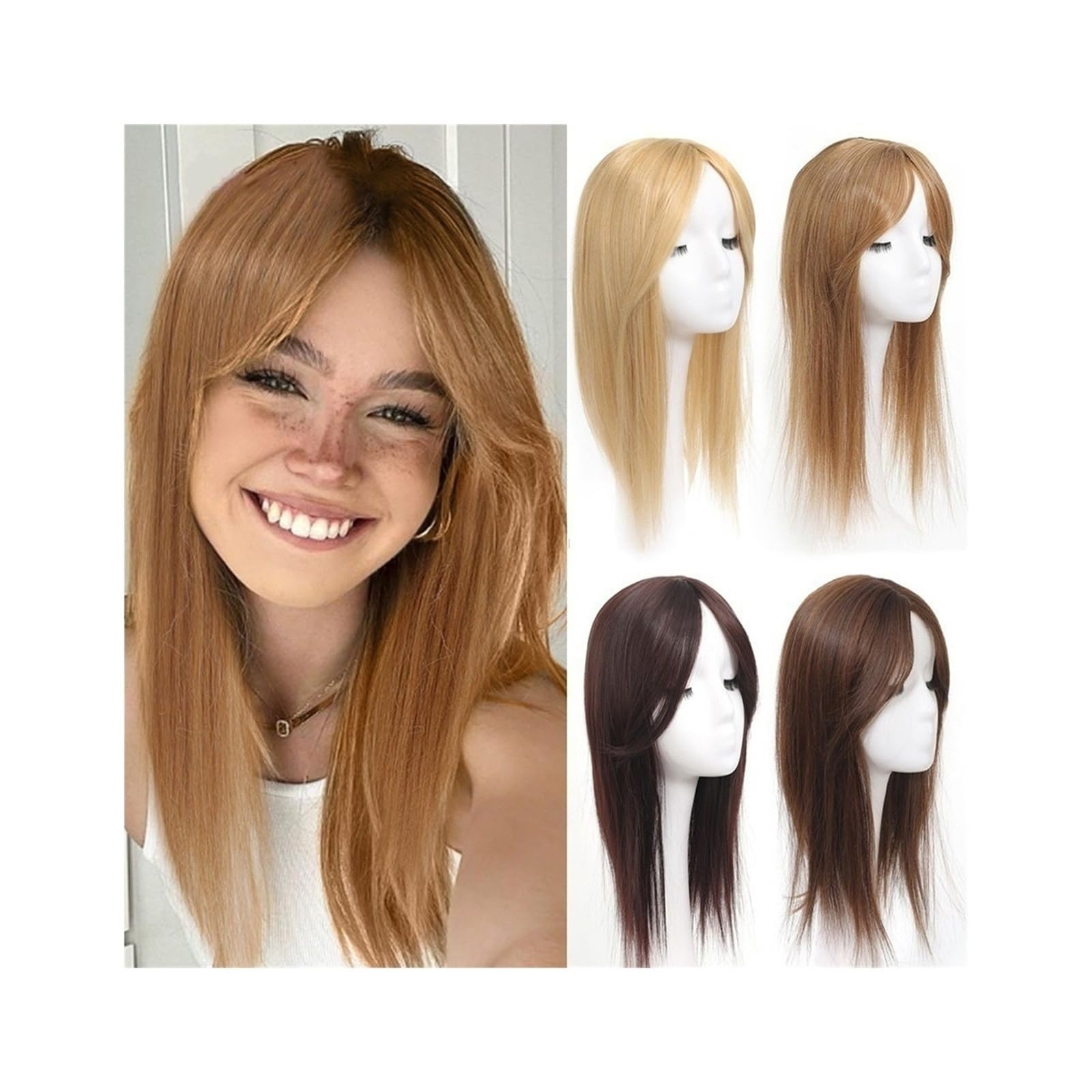 Flequillo Postizo de Pelo Natural y Sintético para Mujer - Adorno de Pelo Liso con 3 Clips - Hair Topper con Peluca Recta