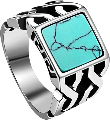 Cupimatch Men Turquoise Biker Ring Stainless Steel Western Style Jewelry with Genuine Stone, Sizes 7-13, Vintage Mens Wedding Band or Gift