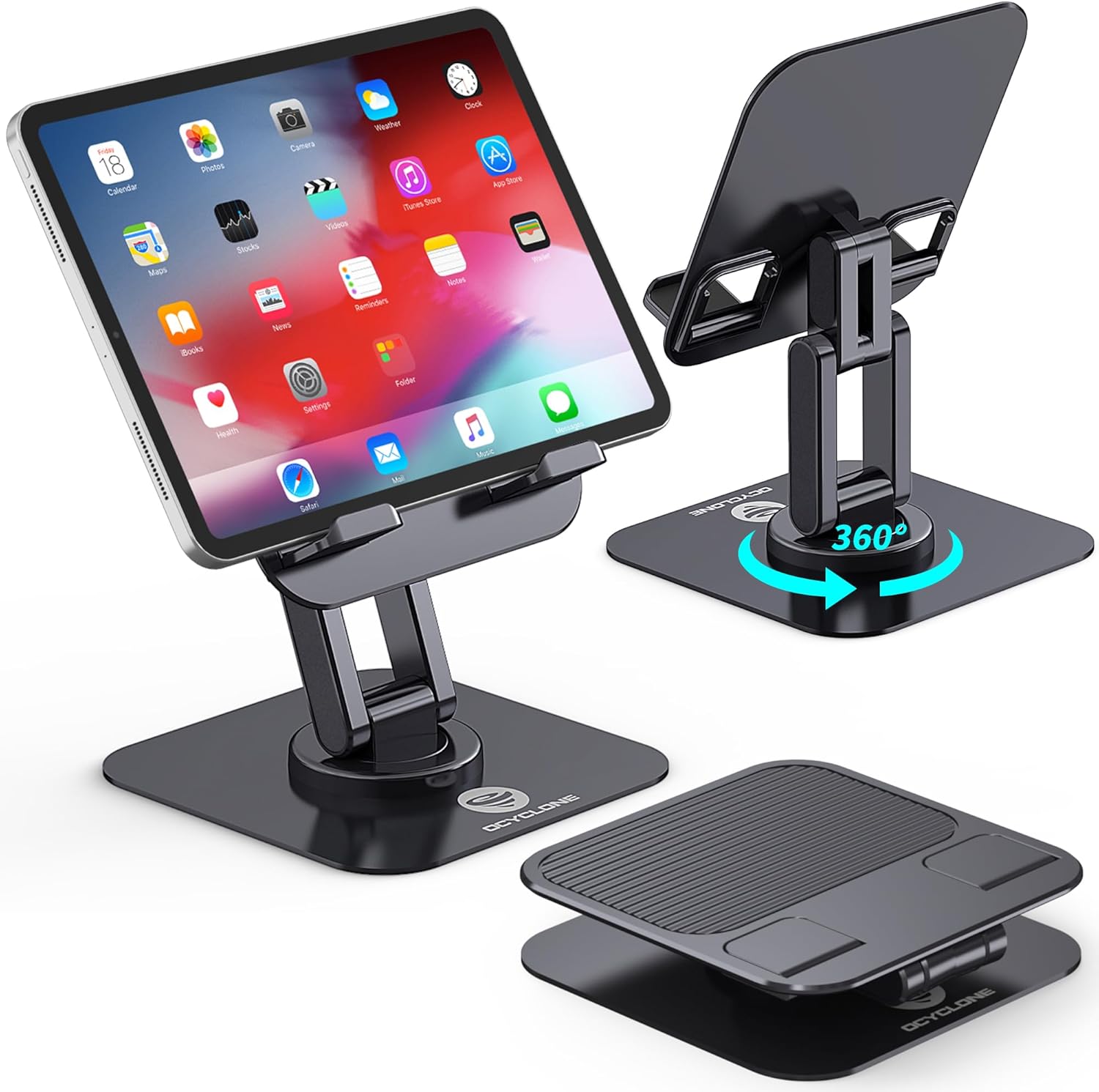 OCYCLONE for iPad Stand for Desk, 360 Rotating Adjustable Moveable Monitor Pill Holder Workplace Equipment Suitable with Kindle 4″ – 15.6″ Pill iPad PS iPhone 17 Professional Max Stand, Black