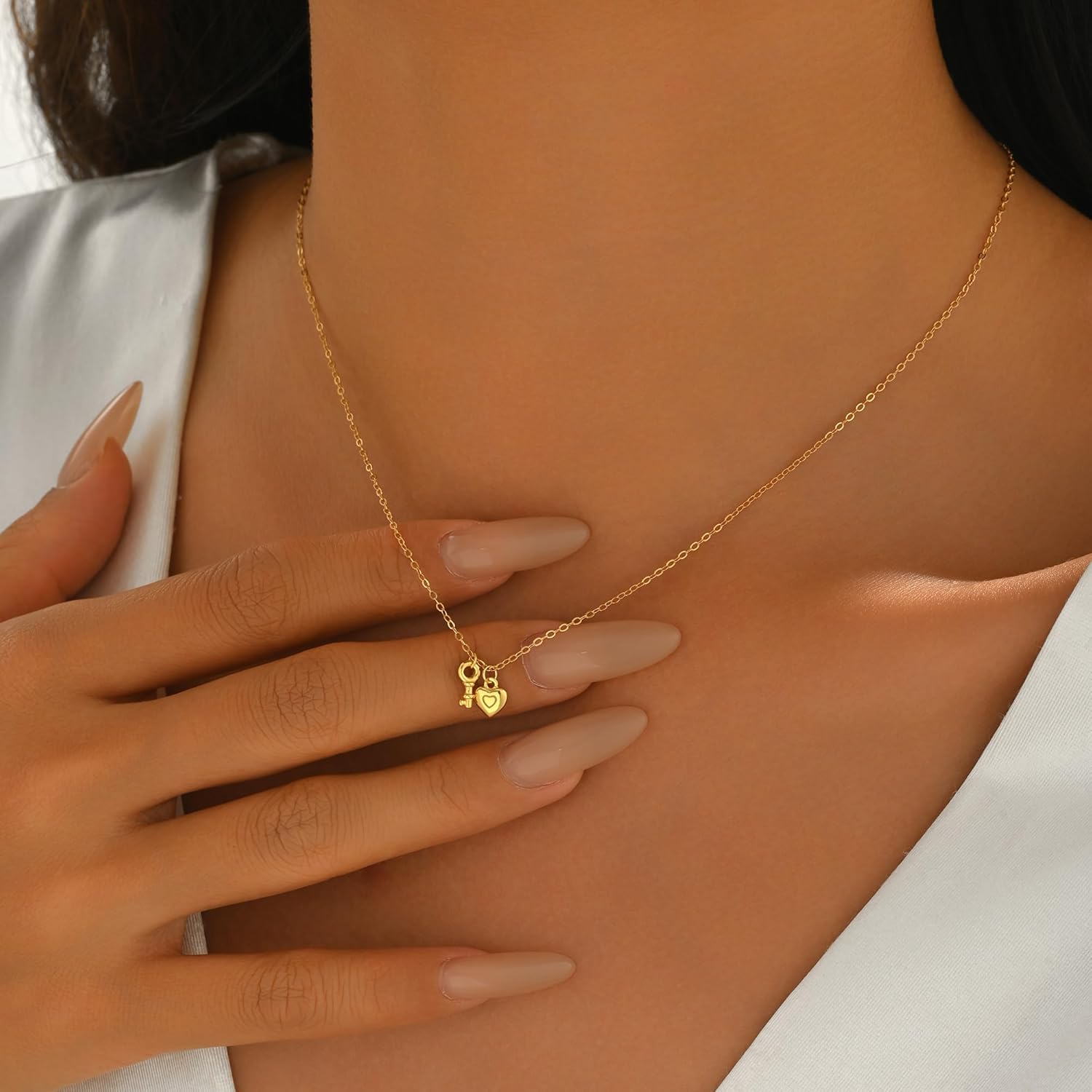 925 Sterling Silver Heart Lock Key Necklaces for Women Couples Dainty 14k Gold Plated Padlock Collar Double Pendant Necklace Cute Love Heart Charm Choker Chain Jewelry Gifts for Girlfriend