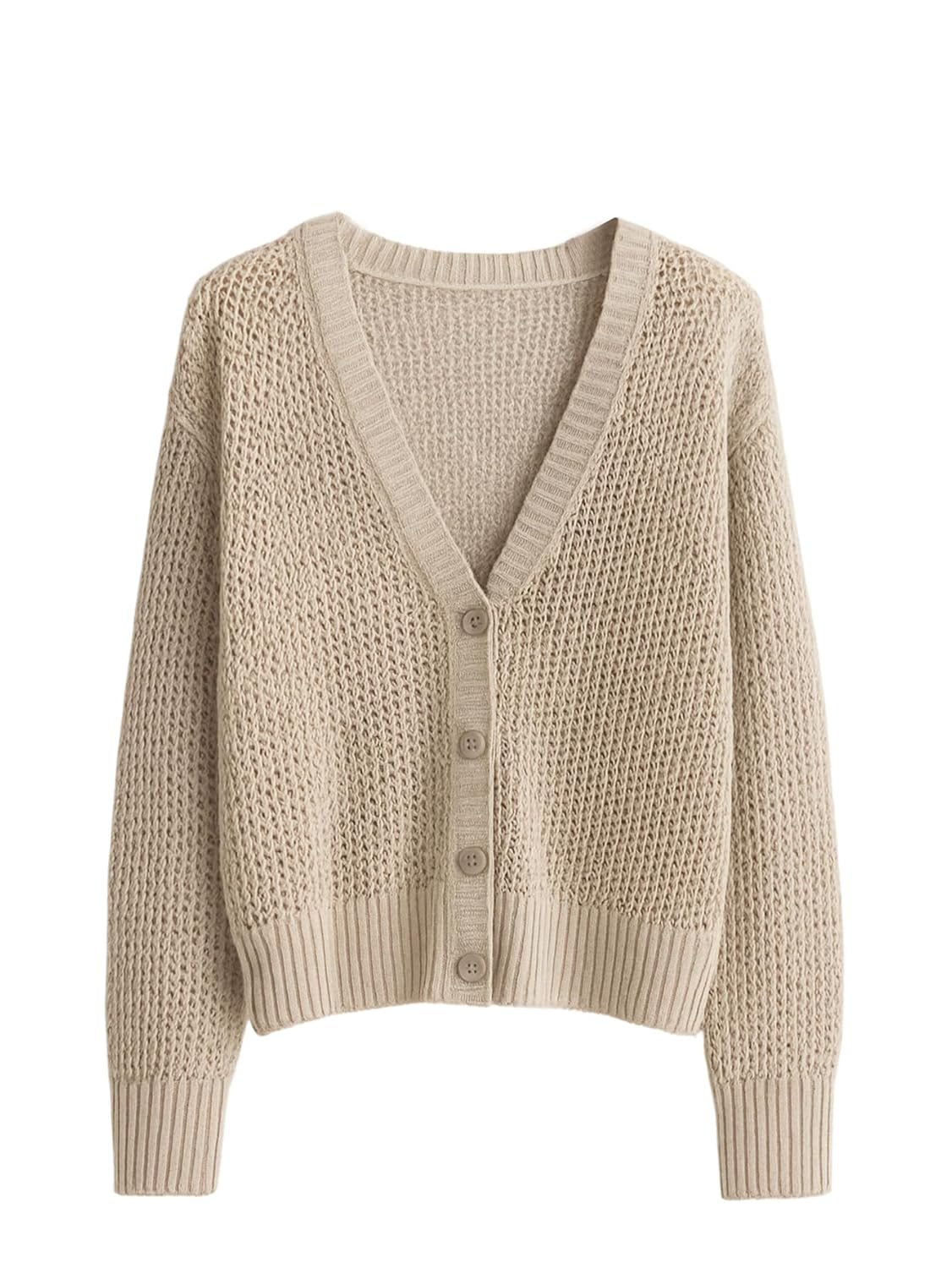 MakeMeChic Womens Crochet Cardigan Sweater V Neck Button Down Long Sleeve Knit Lightweight Sweater