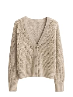 MakeMeChic Womens Crochet Cardigan Sweater V Neck Button Down Long Sleeve Knit Lightweight Sweater