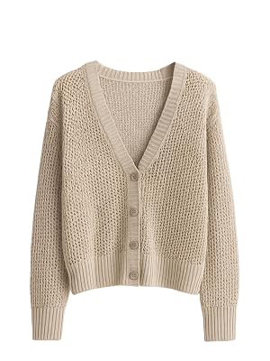 MakeMeChic Womens Crochet Cardigan Sweater V Neck Button Down Long Sleeve Knit Lightweight Sweater