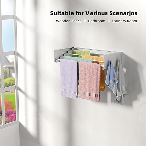 Vista 25 de Escurridor plegable para ropa sucia, montado en la pared, 31.5 pulgadas de ancho, 13.2 pies lineales, 5 varillas de aluminio, capacidad de 60