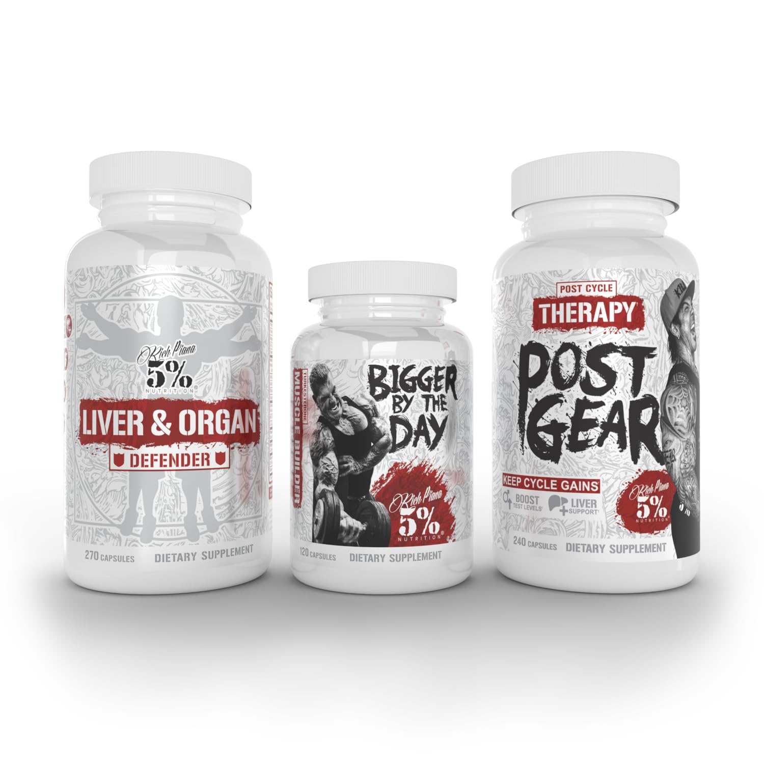 5% Nutrition Rich Piana Liver & Organ Defender with NAC + Post Gear PCT + Bigger by The Day (Bundle)