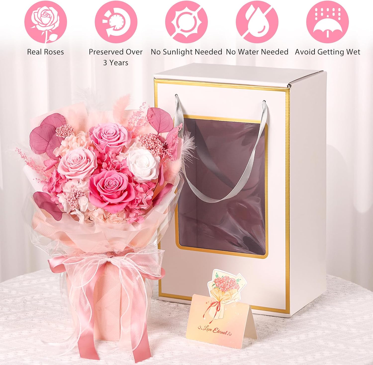Flowers for Delivery Prime, 4 Pink Rose Preserved Flowers Bouquet Valentines Day Gifts for Her, Birthday Gifts for Women Mom Wife Girlfriend Grandma, Real Forever Flowers for Mothers Day Anniversary - Image 5