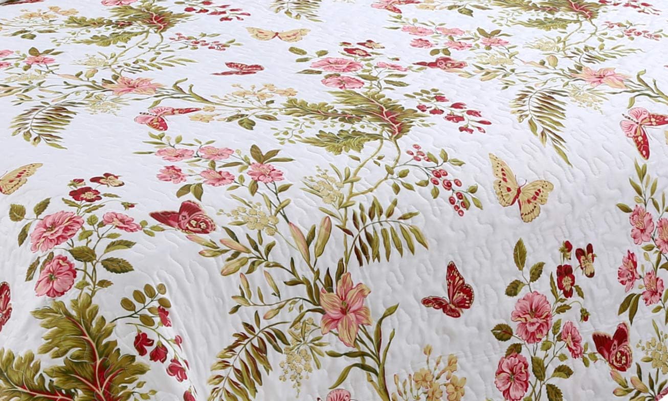 Marina Decoration Rich Printed Stitching Coverlet Bedspread Ultra Soft 3 Piece Summer Quilt Set with 2 Quilted Shams, Butterfly and Flower Pattern Pink Green Red Color Queen/Full Size