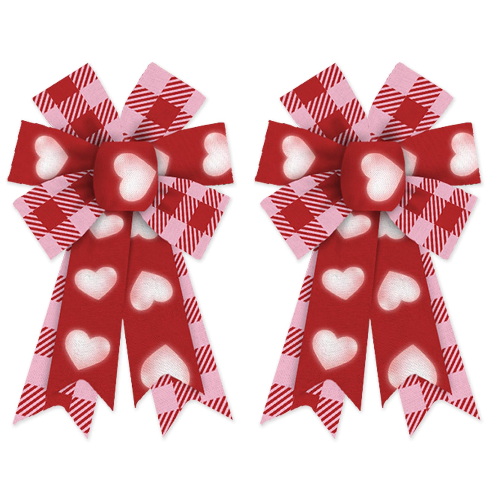 Threetols 2 Pack Valentine's Day Wreath Bows, Pink Red Buffalo Plaid Bows for Wreath Anniversary Red Heart Decoration Bows for Indoor Outdoor Holiday Proposal Wedding Party Decor