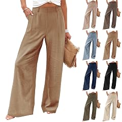 Dress Pants Women Linen Business Casual Elastic High Waisted Palazzo Pants Summer Baggy Beach Pants with Pockets