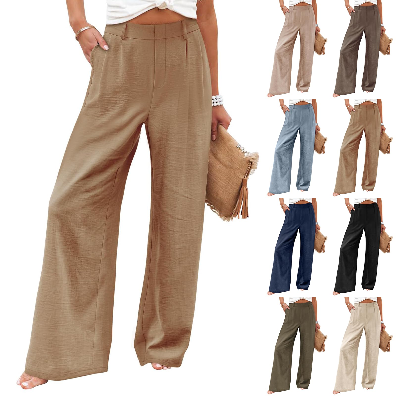 Dress Pants Women Linen Business Casual Elastic High Waisted Palazzo Pants Summer Baggy Beach Pants with Pockets