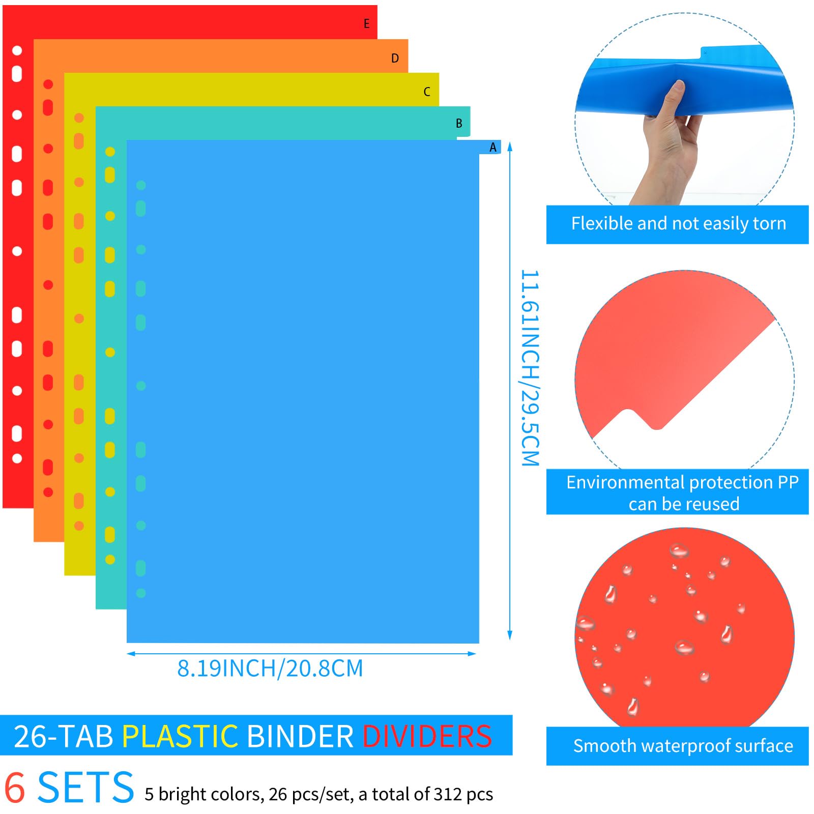 Yeaqee Lot de 6 intercalaires en plastique à 3 anneaux avec onglets multicolores - Intercalaires alphabétiques très résistants - Intercalaires colorés de A à Z pour lire des cahiers et classer des