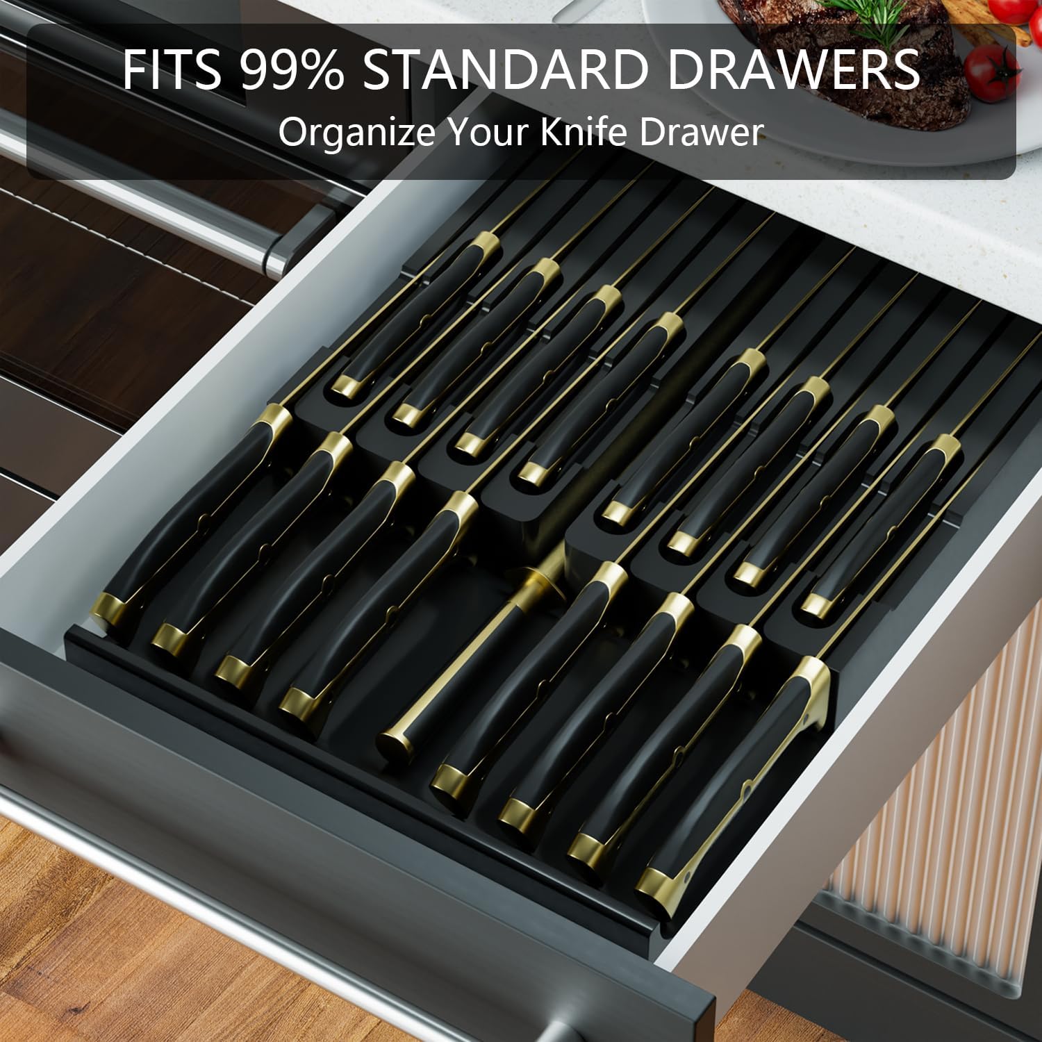 Domax Bamboo In-drawer Knife Block - Kitchen Knife Drawer Organizer Insert, Knife Holder without Knives Large, Drawer Knife Organizer Fits for 16 knives and 1 Sharpening Steel (Not Included), Black - Image 3