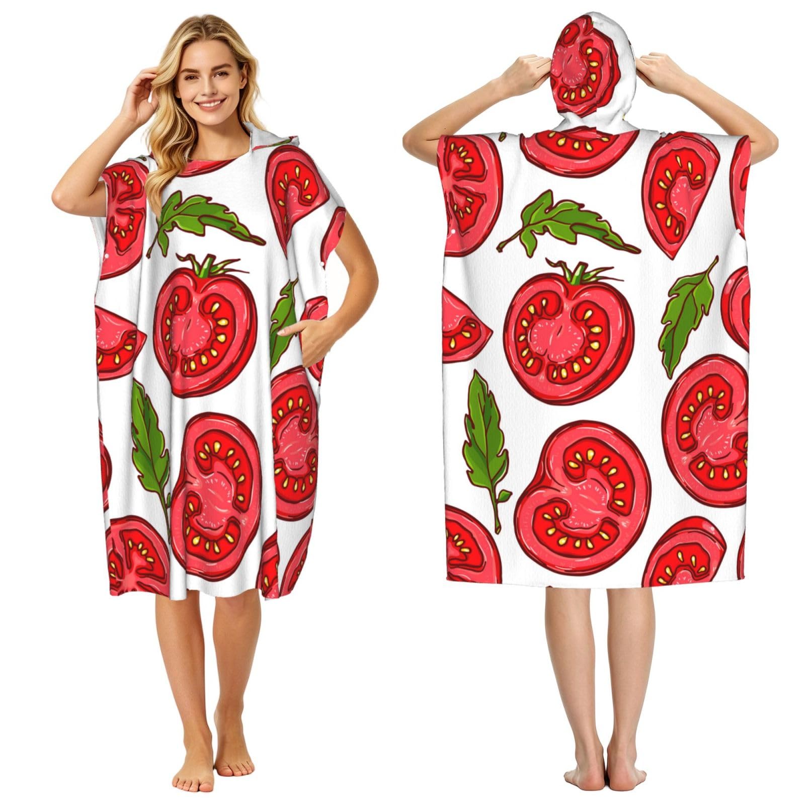 Poadnly Cartoon Of Tomato Leaves Pattern, Adult Hooded Beach Towel 90 x 110 cm,Changing Bath Robe, Surf Poncho Towel For Women Men