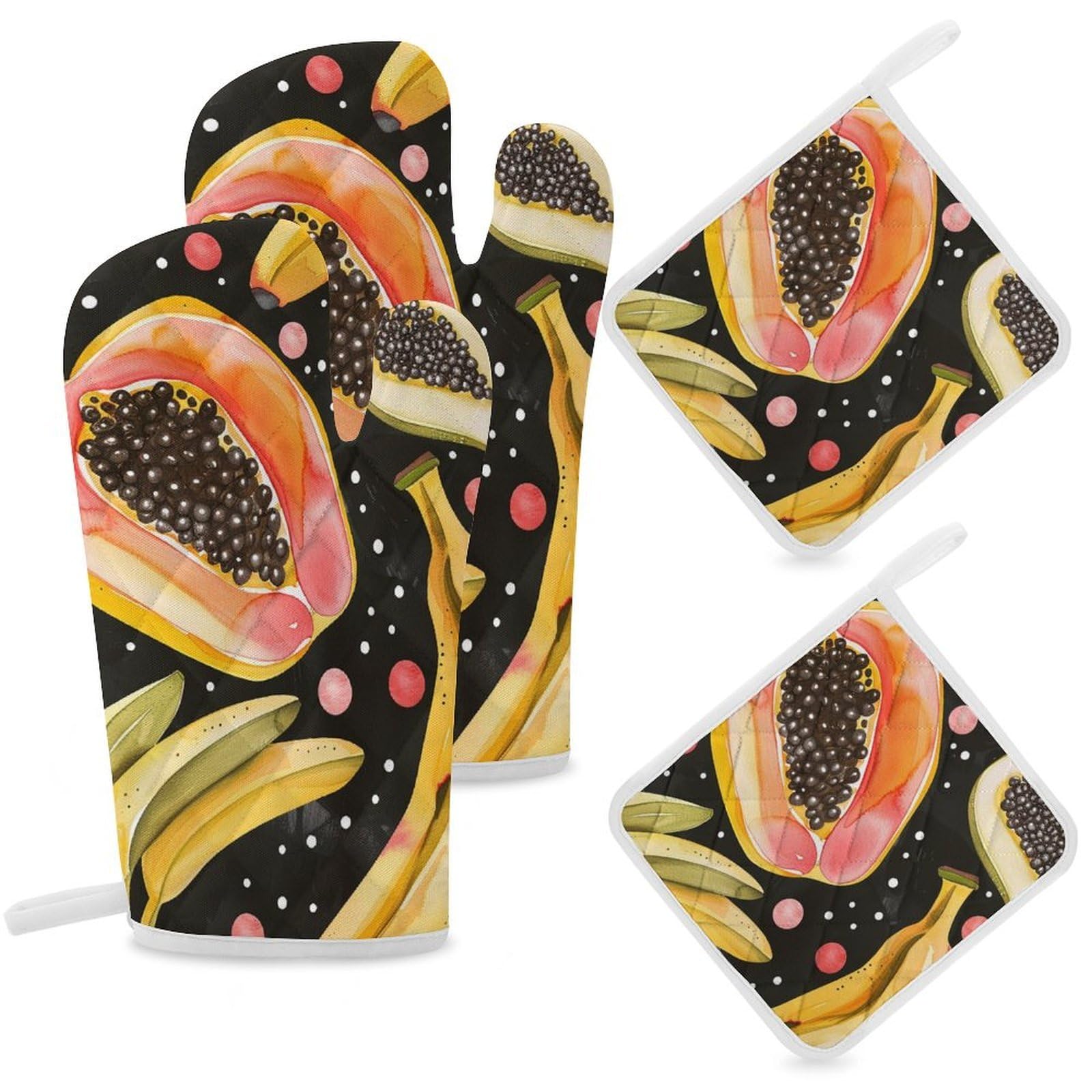 Oven Mitts And Pot Holders Sets of 4 Heat Heat Resistant Oven Gloves Non-Slip Kitchen Mittens Banana And Papaya Oven Mitts Hot Pads BBQ Gloves Potholders for Cooking Baking Grilling