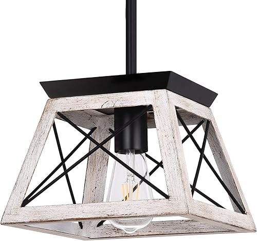 Miniatura 10 de Lámpara colgante de granja, luz de cocina de vidrio sembrado con jaula de metal, lámpara colgante rústica con acabado de madera envejecida, luz