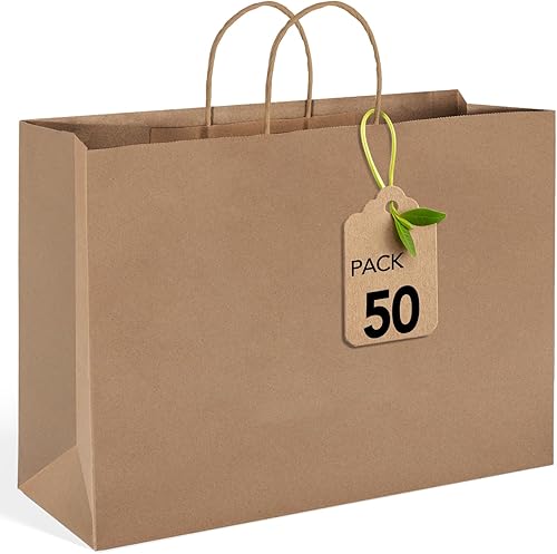 MESHA Bolsas de papel grandes de 16 x 6 x 12 pulgadas, bolsas de regalo de papel kraft marrón, paquete de 50 bolsas a granel, bolsa de compras para