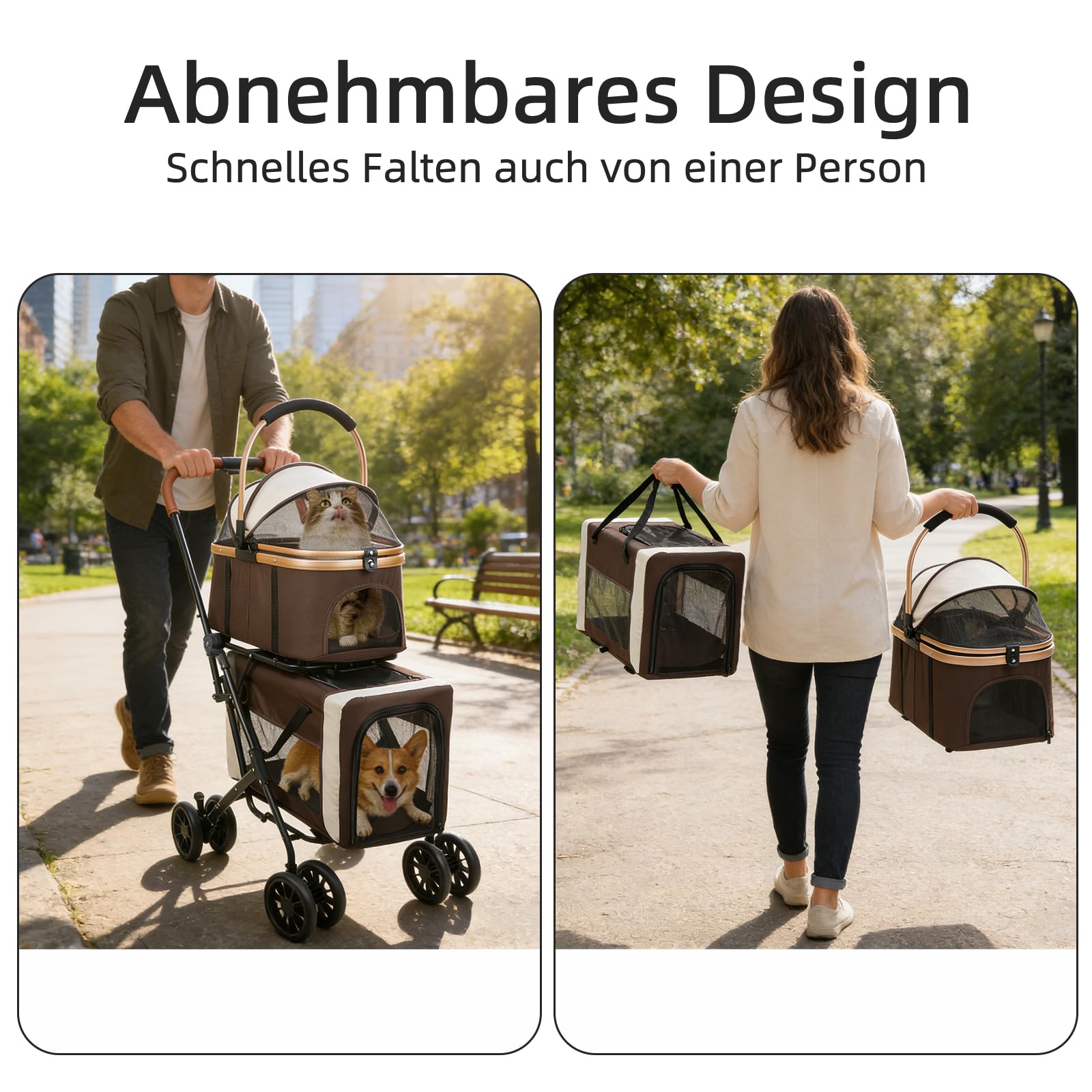 Homewell Passeggino per cani 2 in 1, passeggino per animali domestici a doppio piano, passeggino per cani di piccola taglia, passeggino per animali domestici con finestre a rete, fino a 40 kg (caffè)