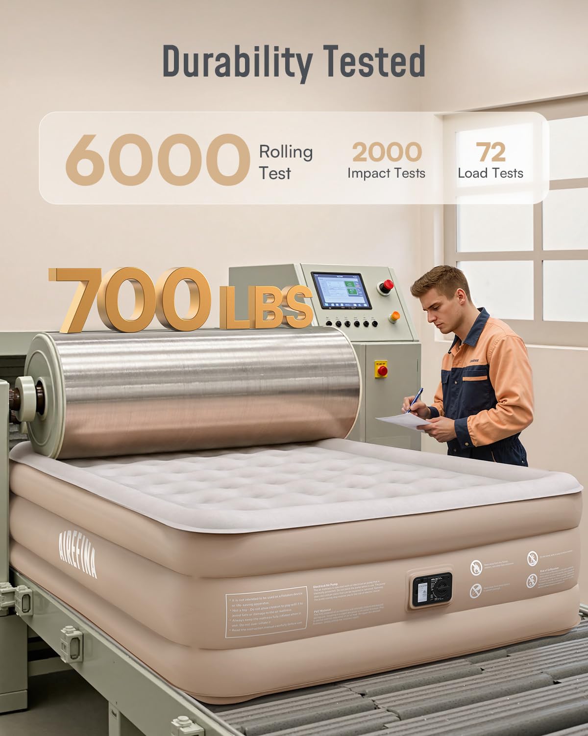 Airefina Łóżko dmuchane dla 2 osób, samopompujący się materac z wbudowaną pompką, łóżko dla gości premium z flokowaną powierzchnią, nadmuchiwane łóżko do użytku domowego i na kemping – 203 x 152 x 46