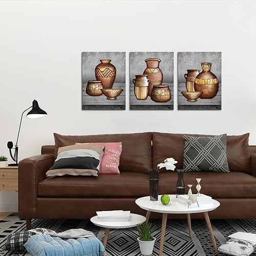Miniatura 5 de RyounoArt Lienzo africano de 3 piezas de arte de pared de cerámica antigua, pintura tradicional de jarrón tribal, impresiones para decoración de