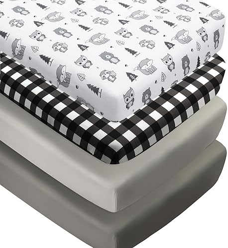 Juego de 4 sábanas ajustables unisex para cuna, diseño de animales del bosque del bosque, de madera, neutro, para bebés, niños o niñas, blanco y
