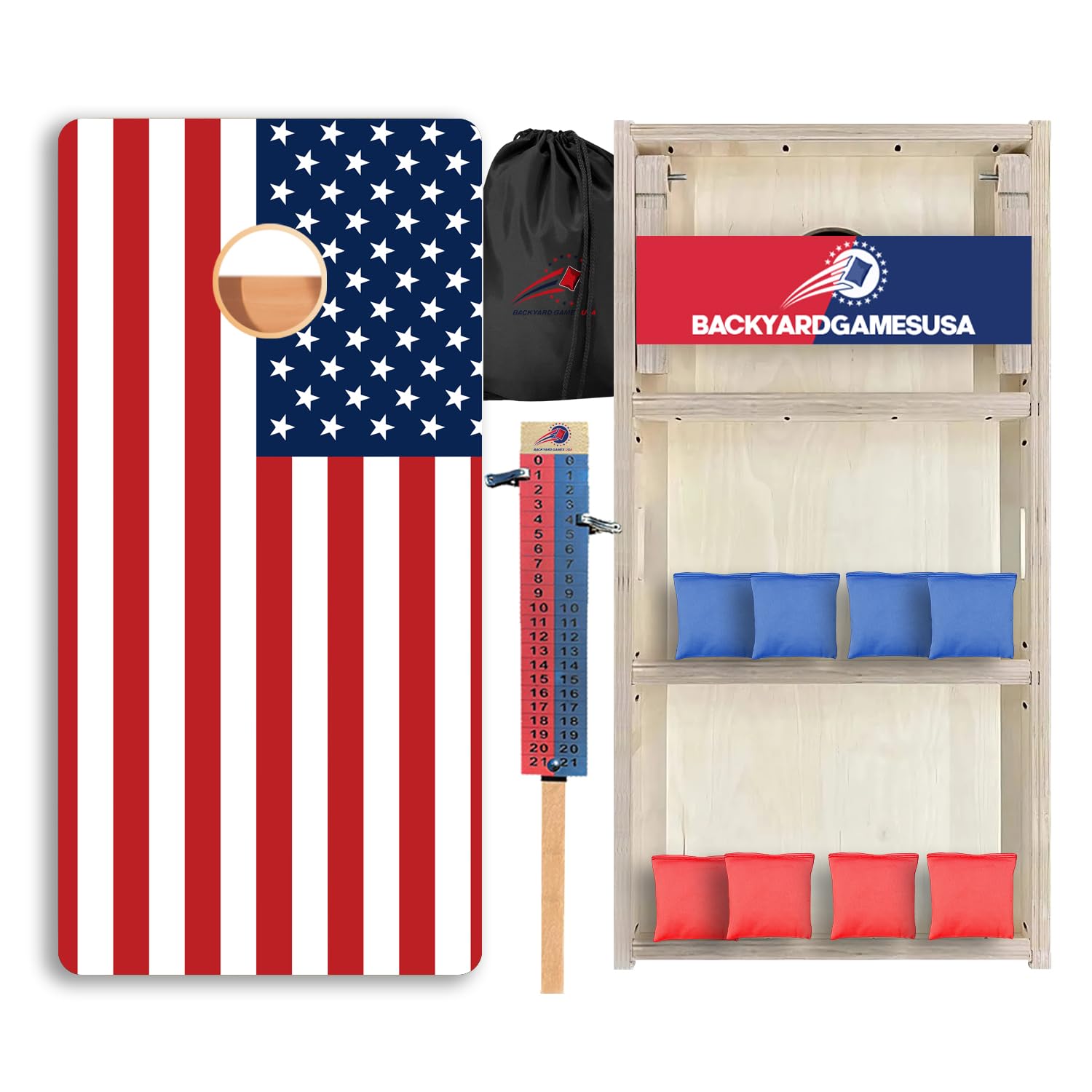 CornholeGamesUSA Pro Cornhole Boards Set | Made in USA | 3/4 Baltic Birch | No Bounce | Triple Thick Legs | Two Brace & Handles, Tournament 2x4 Regulation Set with Score Tower & Cornhole Bags