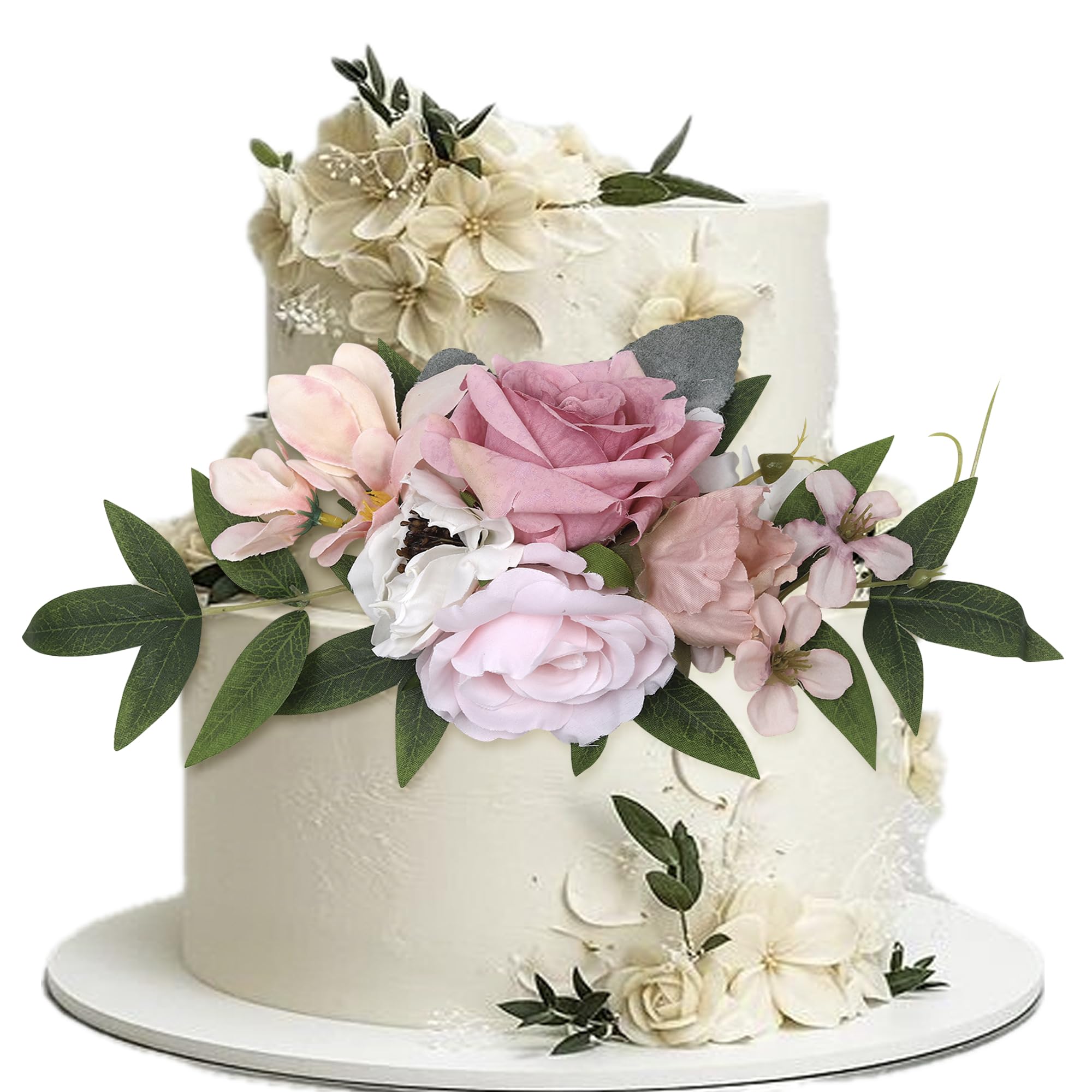 Xsstarmi 1 Pack Assembled Artificial Flowers Cake Topper Decoration Artificial Leaves Fake Flowers Pink Rose Cake Pick for Wedding Birthday Valentine's Day Party DIY Cake Decorations Supplies
