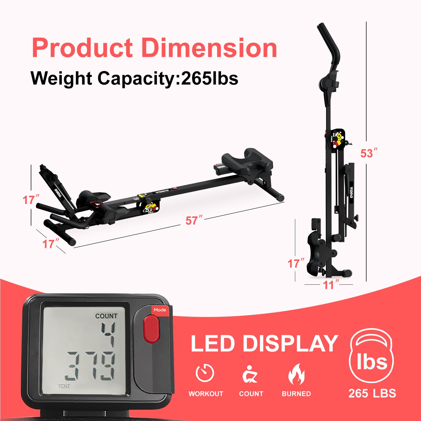 TODO 3 in 1 Vogatore per Casa, Multifunzionale Vogatore con 2 Intensità Regolabili, Trainer Addominale Pieghevole, Ab Trainer per Allenamento Muscolare e Tutto il Corpo, fino a 120KG