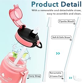 Enerbone 32 oz Water Bottle, Leakproof BPA & Toxic Free, Motivational Water Bottle with Times to Drink and Straw, Fitness Sports Water Bottle with Strap for Office, Gym, Outdoor Sports, Pink-Blue