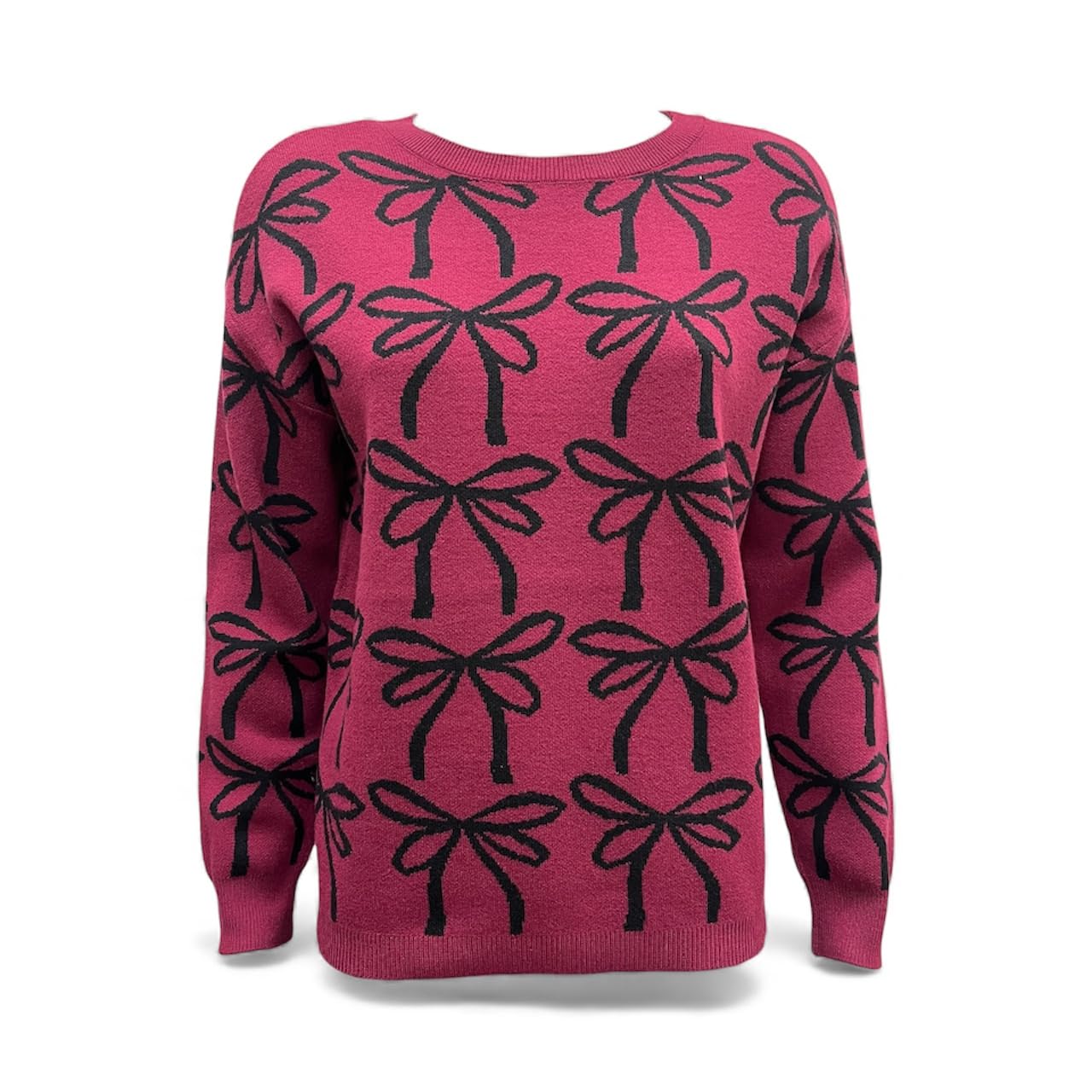 Ninety Womens Pullover Long Sleeve Crew Neck Jacquard Bow Sweater