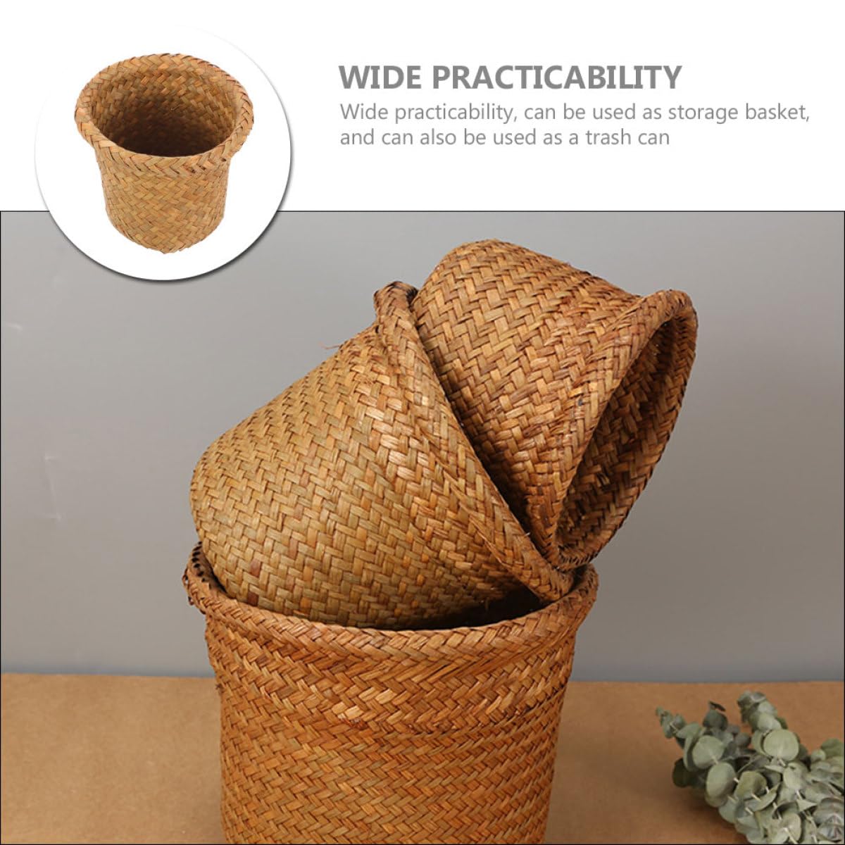 DOITOOL Cestino Intrecciato in Paglia Marrone Naturale per Raccolta Differenziata, Contenitore Multifunzione Pratico per Cucina e Bagno, Dimensioni Xl 24x20 Cm
