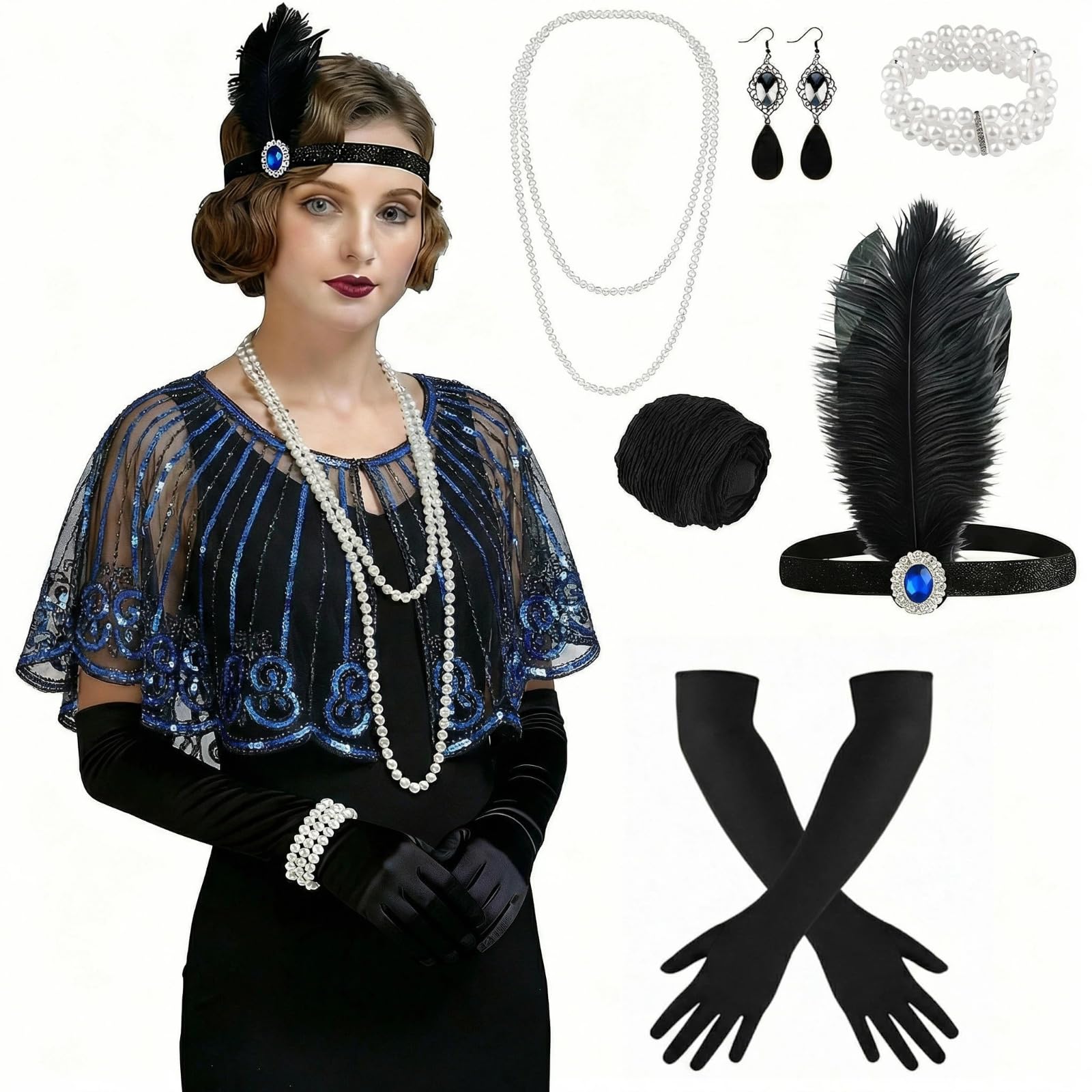 ELECLAND 10 Pieces 1920s Flapper Gatsby Accessories Set Fashion Roaring 20's Theme Set with Headband Headpiece for Women (Black Blue, Style 2) — image 1