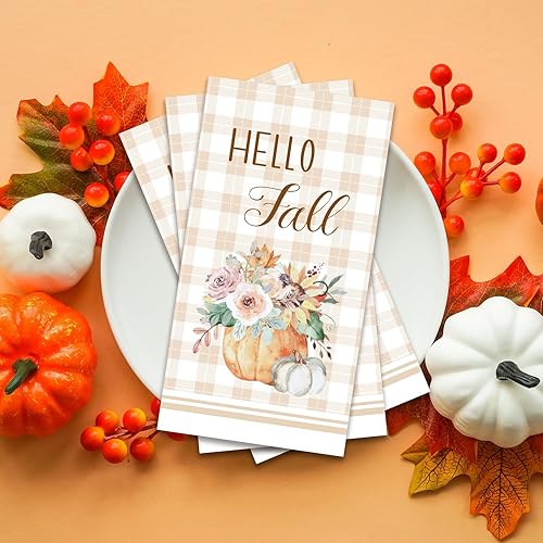 Miniatura 5 de Paquete de 100 servilletas de papel de otoño para baño, diseño de calabaza con texto en inglés Hello Fall, desechables, toallas para invitados,