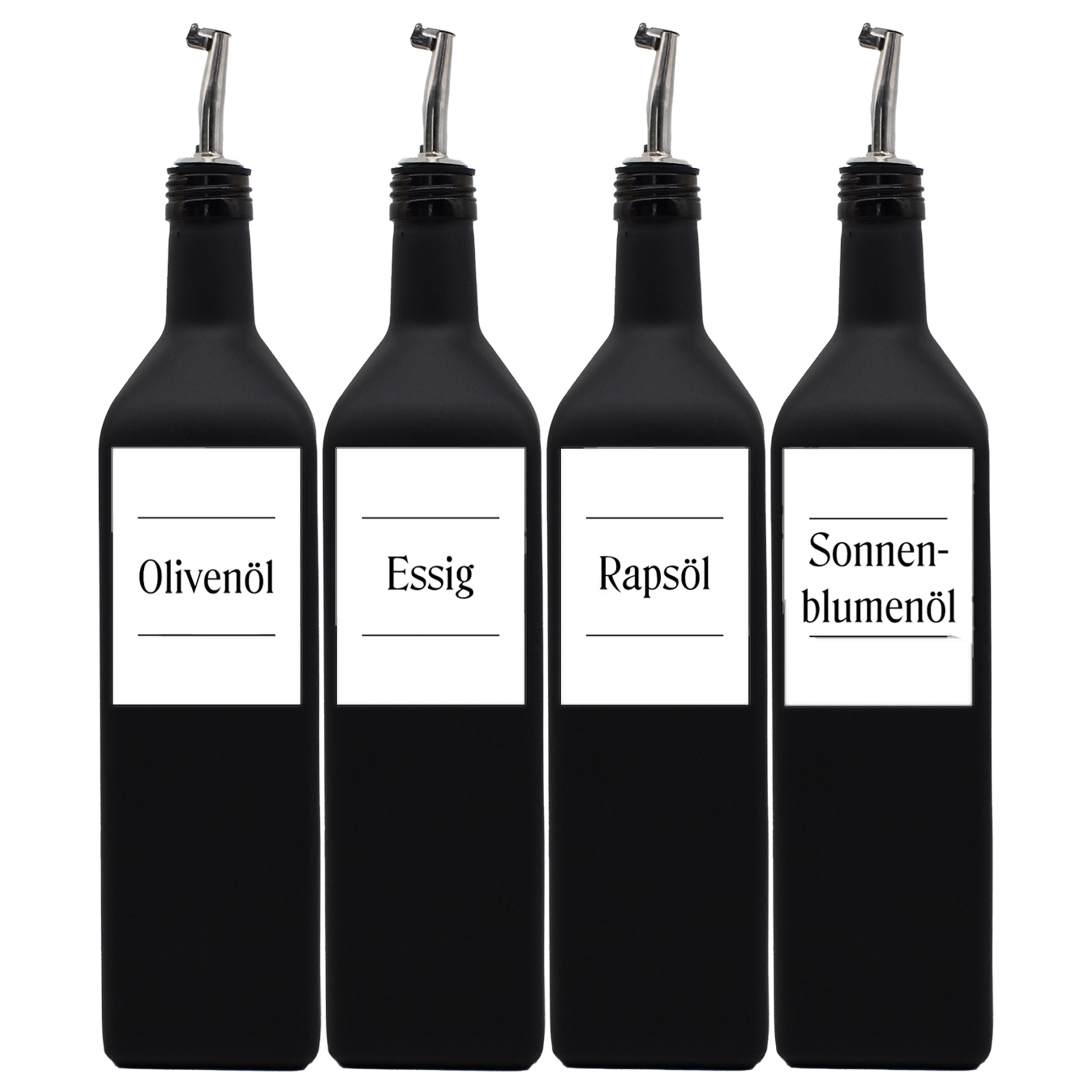 Generisch Ölflaschen 1 Liter schwarz-matt zum Befüllen mit Edelstahl-Ausgießer - wasserfeste Etiketten - Made in Germany - mit Deckel - langlebig (Ausgießer)