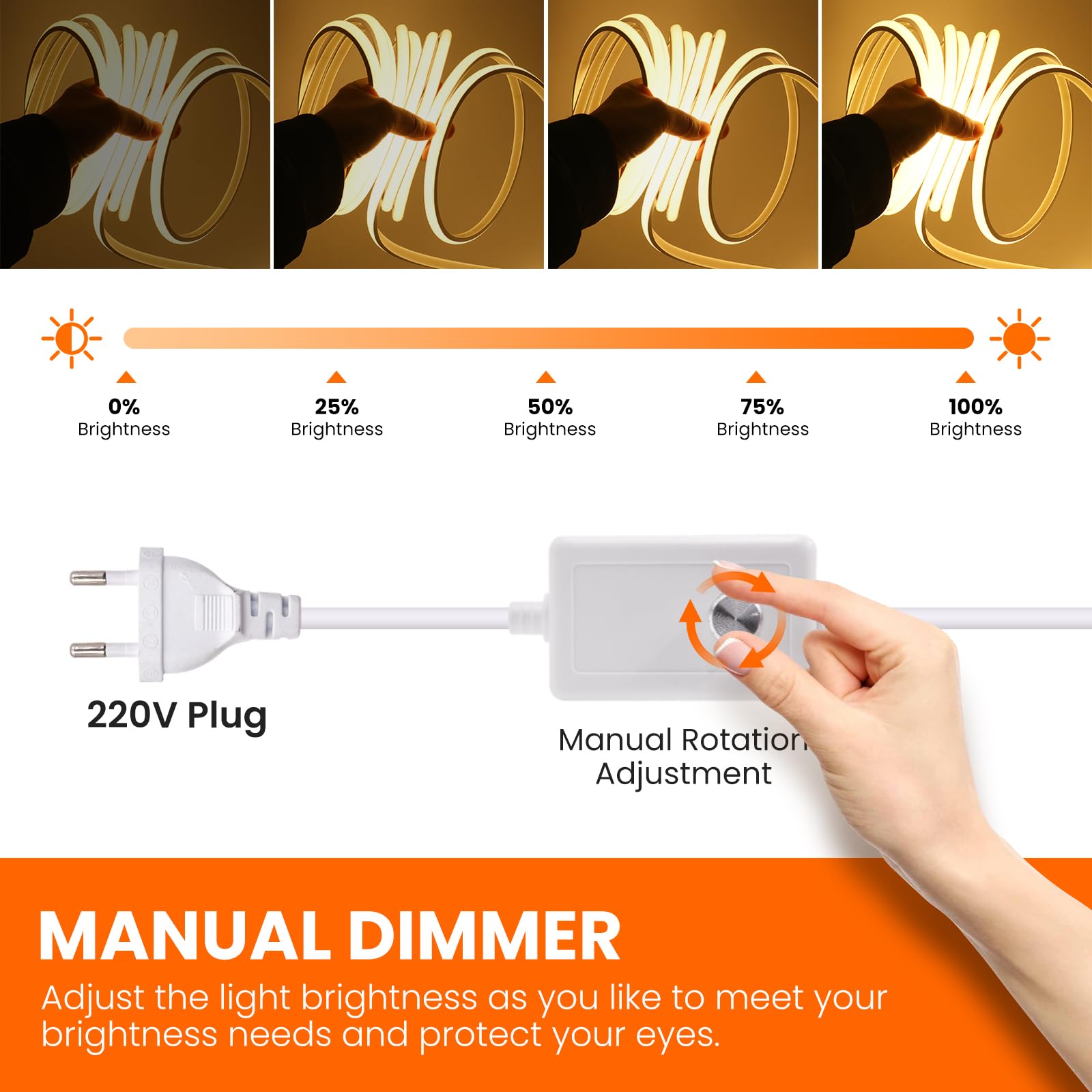 Tira de LED COB Regulable, 220V 288LEDs/M Super Cinta LED de Neón, Cinta luminosa Flexible FCOB LED Tira de Luz para Navidad,Vacaciones,Decoración de Interiores e Iluminación(Blanco Cálido,20M)