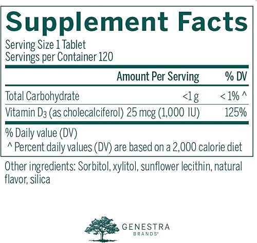 Miniatura 2 de Genestra Brands D3 1000 Masticable  Suplemento de vitamina D  120 tabletas masticables  Sabor natural a grosella negra
