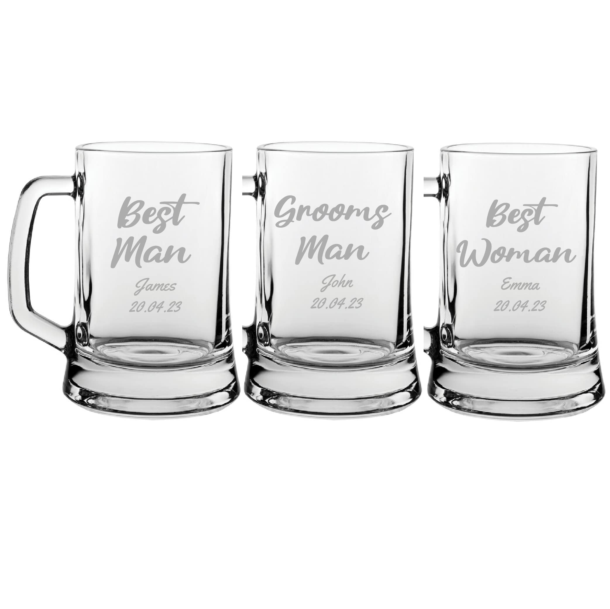 Chope à bière personnalisée gravée pour invités de mariage, inscription Best Man, Grooms Man, Best Woman, Maid of Honour, Chief Bridesmaid, Any Text, 473,4 g/495 ml Chope en verre