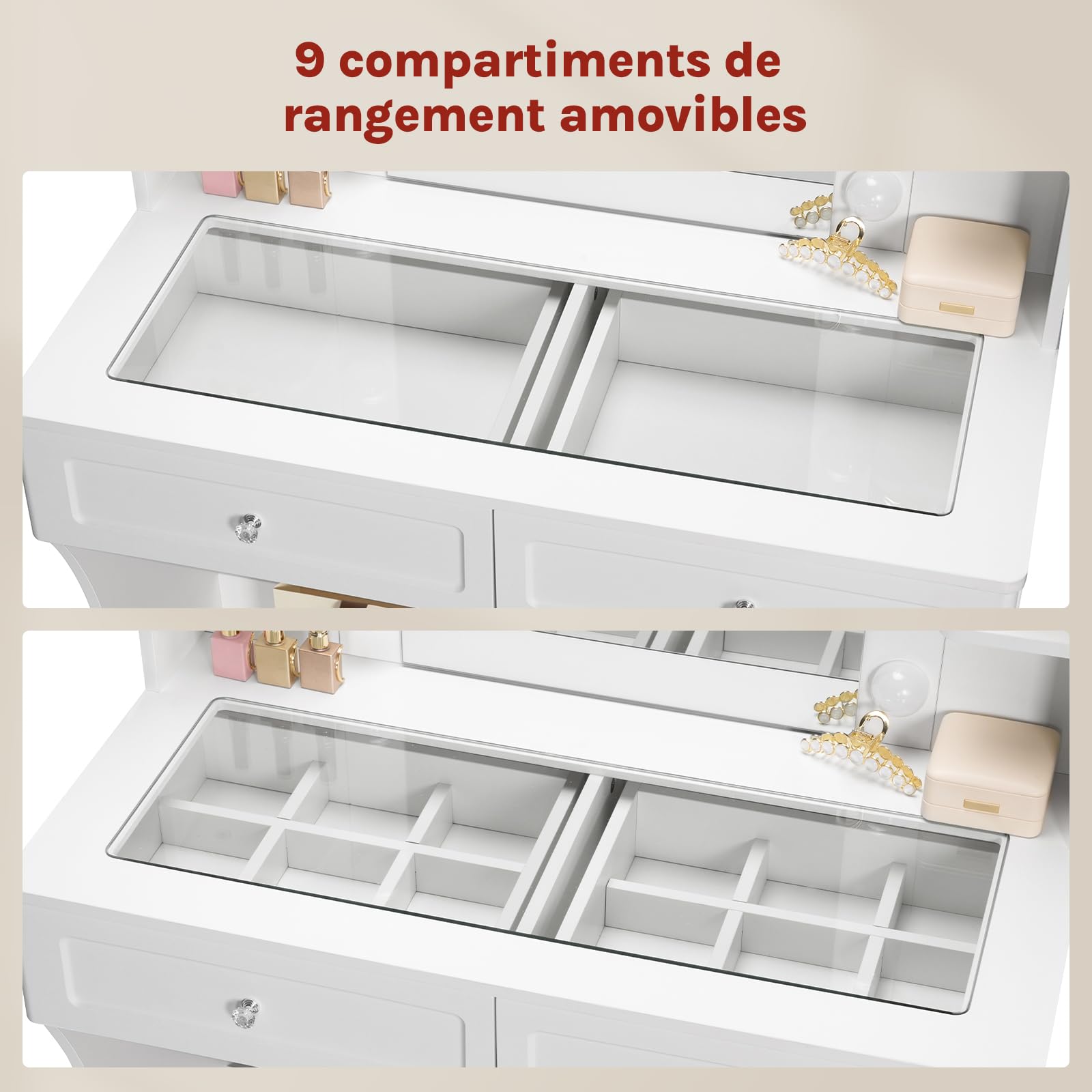 WOLTU Coiffeuse avec Miroir LED, Plateau en Verre, Blanche