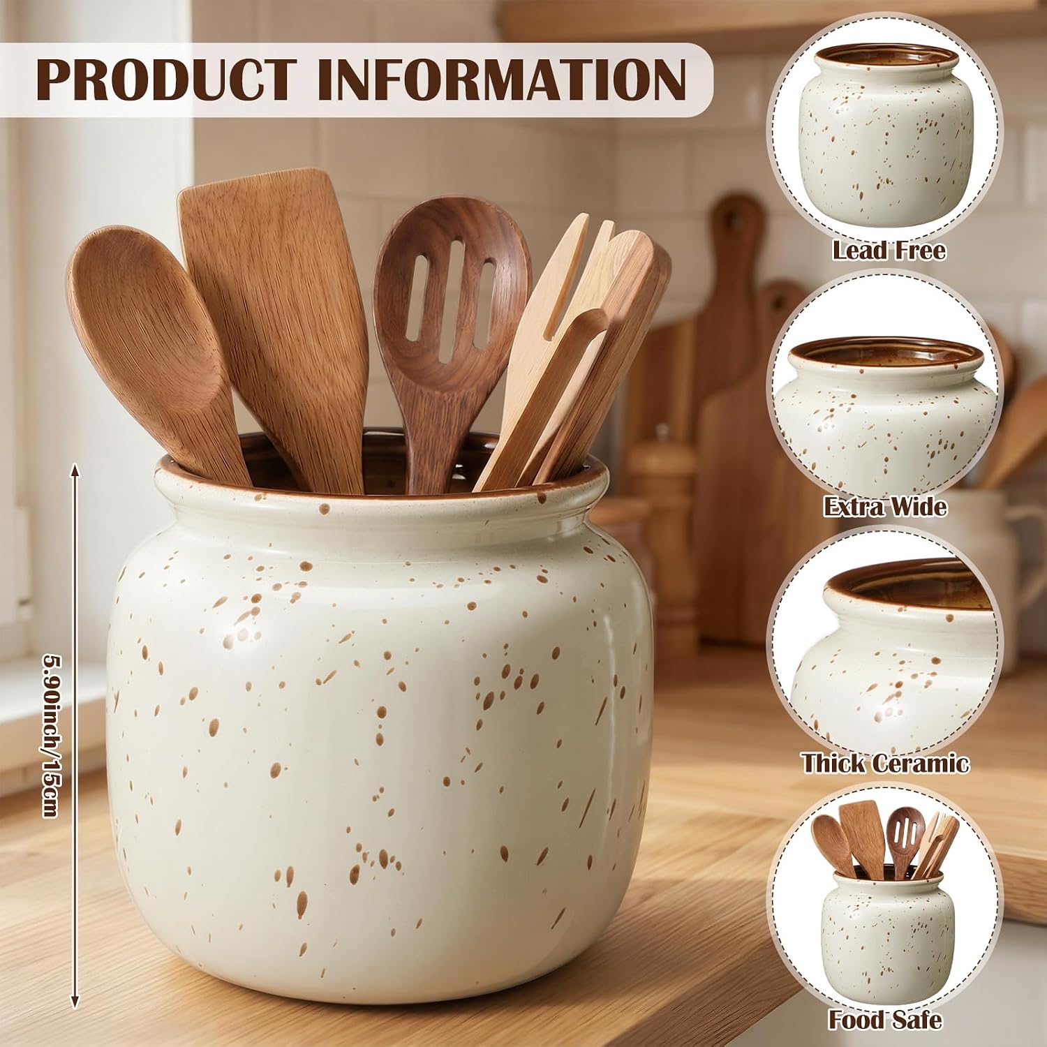 Qinyoung Rustic Kitchen Utensil Holder 6 Inch Small Ceramic Utensil Holder with Handle Vintage Crock Decoration Spatula Organizer for Kitchen Countertop Farmhouse Party Supplies(Natural, No Handle) image 3