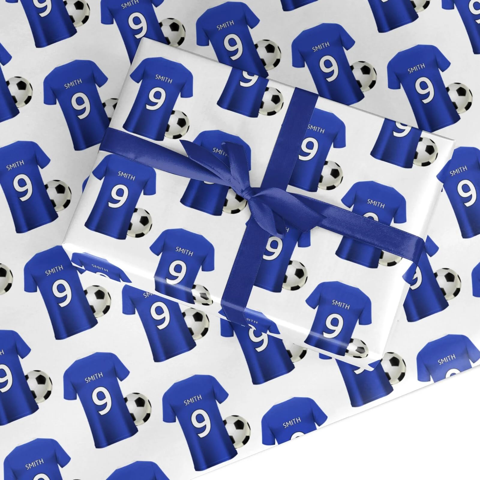Blue Personalised Football Shirt Wrapping Paper Custom Birthday Gift Wrap - For Him Mens Dad Father's Day Christmas Boys Kids Adult - Any Name & Number - 3 Sheets (50cm x 65cm each)