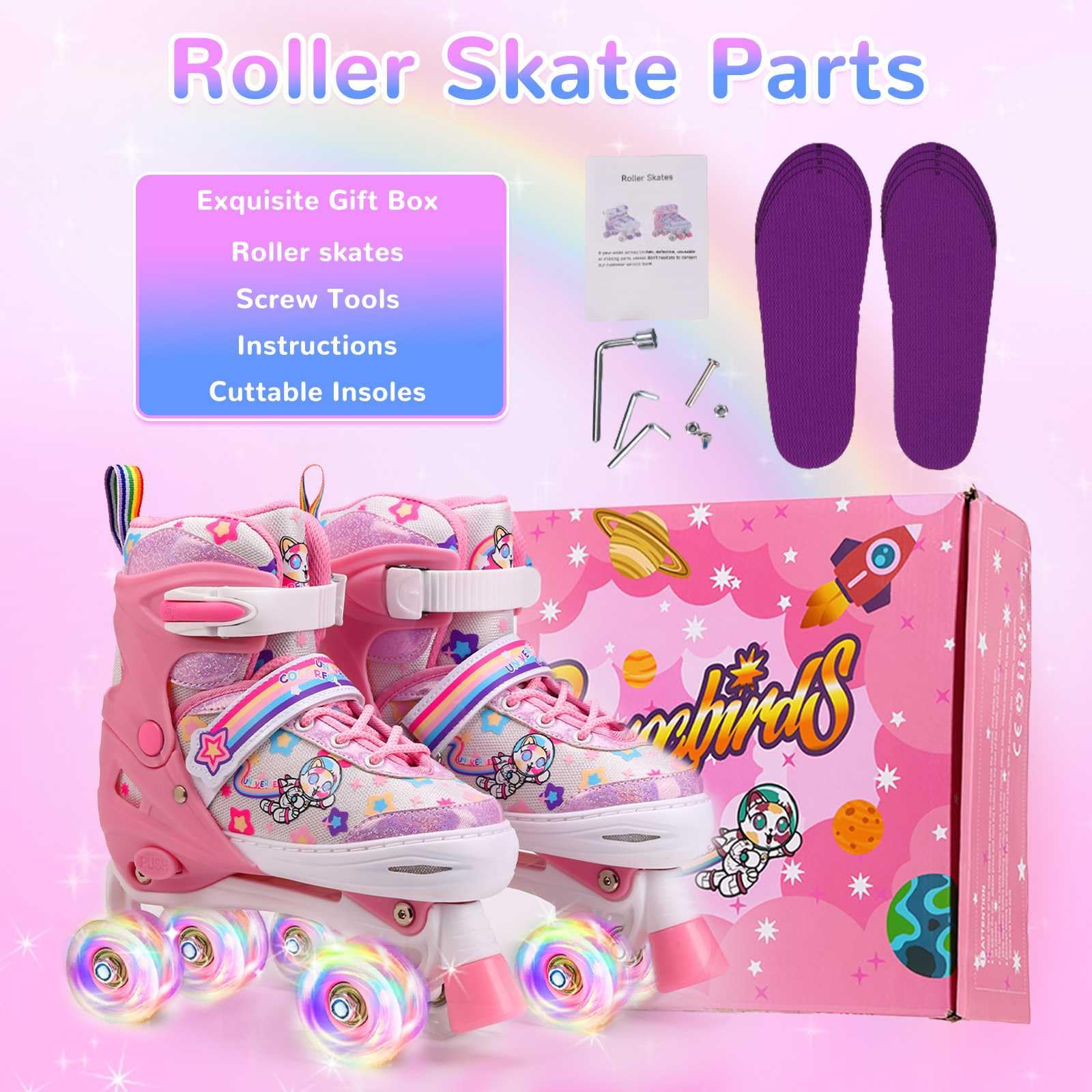 Pattini a Rotelle Bambina Regolabili Pattini A Rotelle per Bambini Pattini Quad con Ruote Luminose 4 misure regolabili per Ragazze, Ragazzi e Principianti