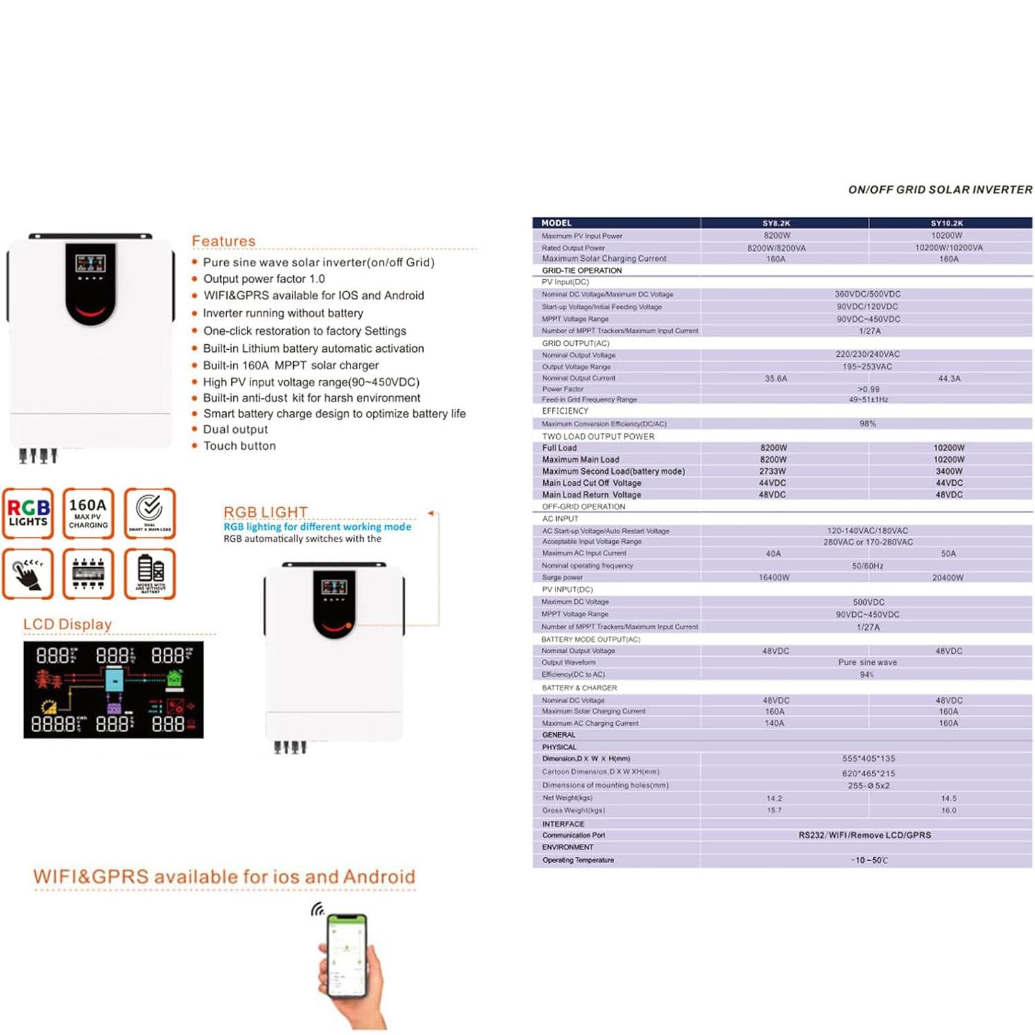 8200W 10200W Solar Hybrid Inverter, domowy czysty falownik sinusoidalny, Solar Hybrid Power Converter, Off-Grid Hybrid Inverter Charger do akumulatorów kwasowo-ołowiowych i litowych,10200W