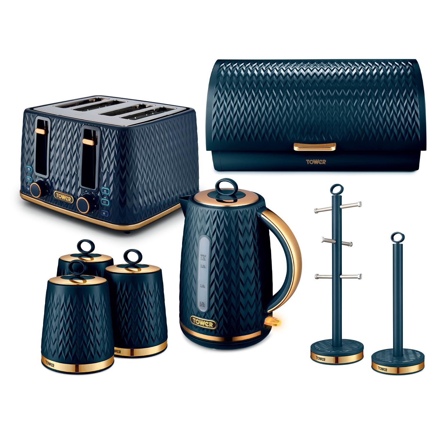 Tower Empire 5 Piece Kitchen Set, 3kW 1.7L Kettle, 4 Slice Toaster, Bread Bin, 3x 1.3L Canisters, Towel Pole & Mug Tree, Midnight Blue, EEJB467